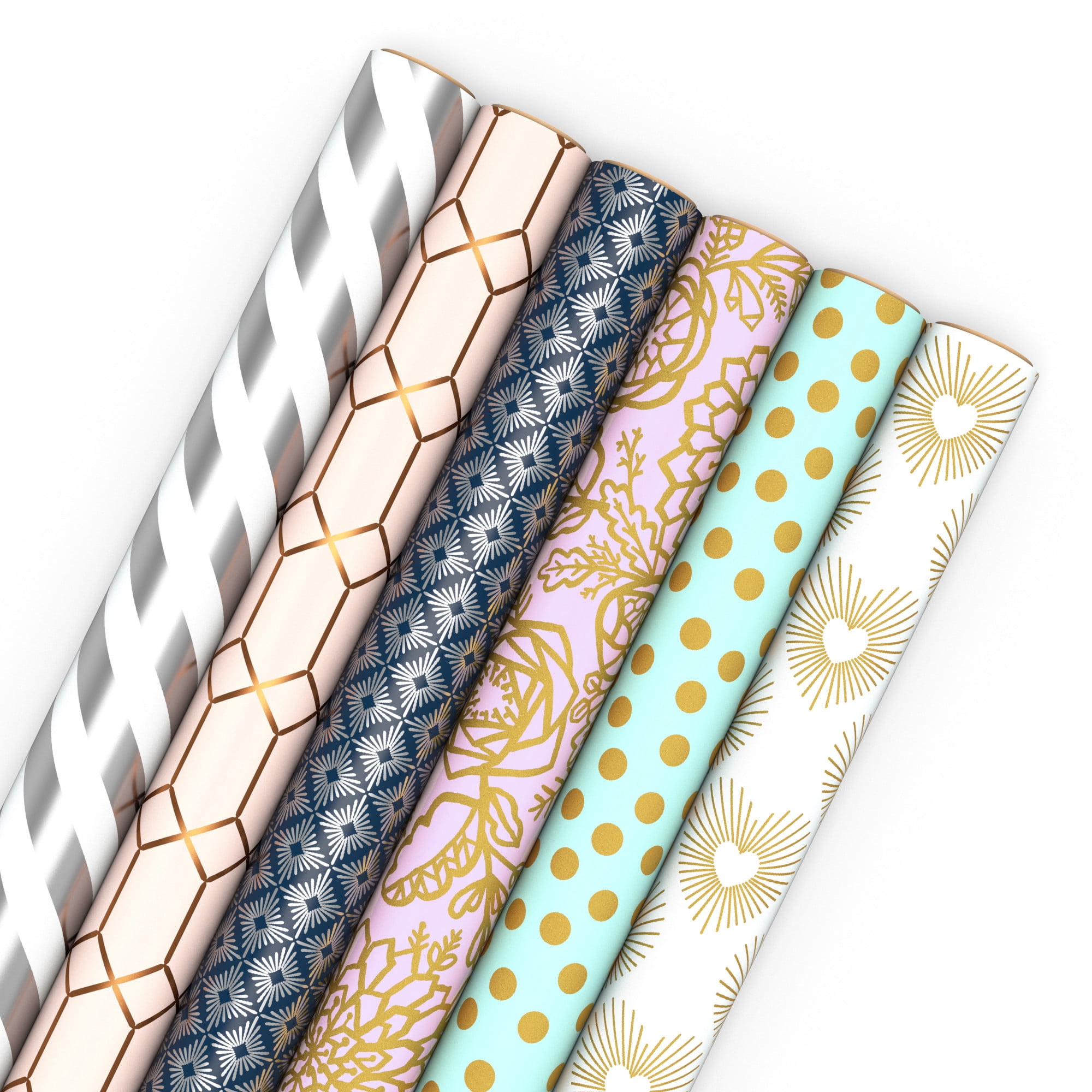 Hallmark 6-Pack Assorted Wrapping Paper Roll Bundle (White and Silver Stripes, Mint Green, Gold Hearts and Flowers) for Weddings, Bridal Showers, Birthdays, 180 Sq. Ft. Total