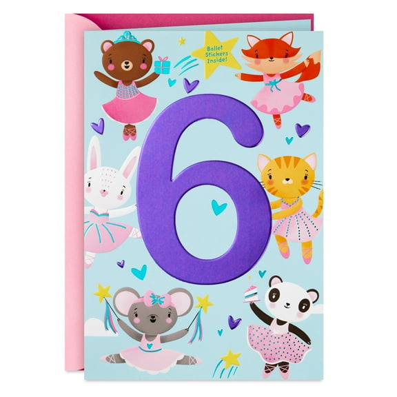 Hallmark 6th Birthday Card With Sticker Sheet (Sweet and Silly Ballerina Animals)