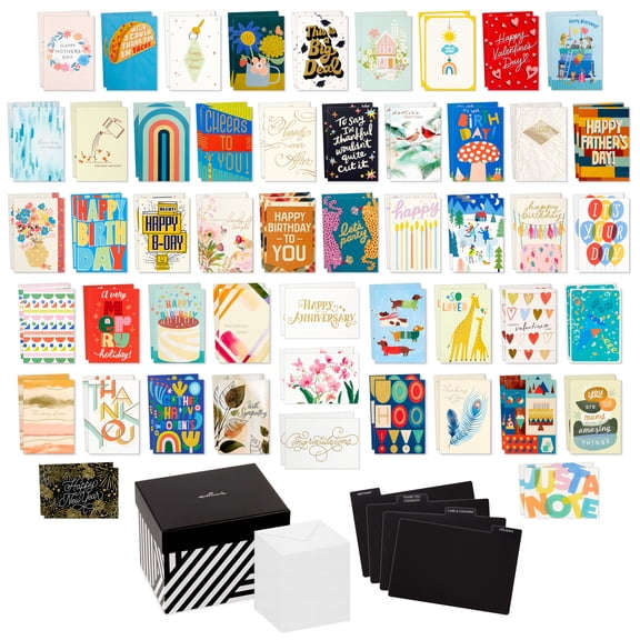 Hallmark Assorted All-Occasion Cards (Geometric Striped)Birthday, Holiday, Wedding, Sympathy, Thinking of You, Thank You, Blank, Pack of 100 With Organizer Box