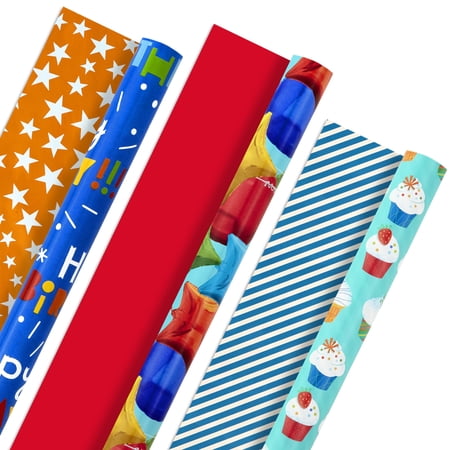 Hallmark All Occasion Reversible Wrapping Paper Bundle - Kids Birthday (3 Rolls - 75 sq. ft.) Balloons, Stars, Cupcakes, Blue Stripes, Solid Red