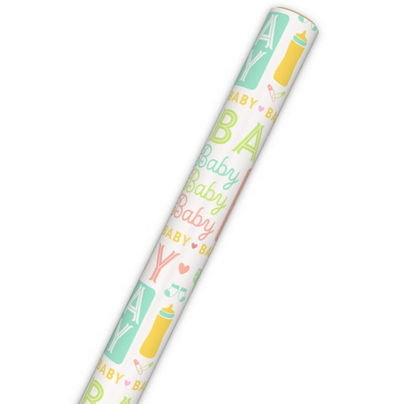 Hallmark Baby Shower Wrapping Paper Roll (Pastel Lettering on White) 20 Sq. ft.