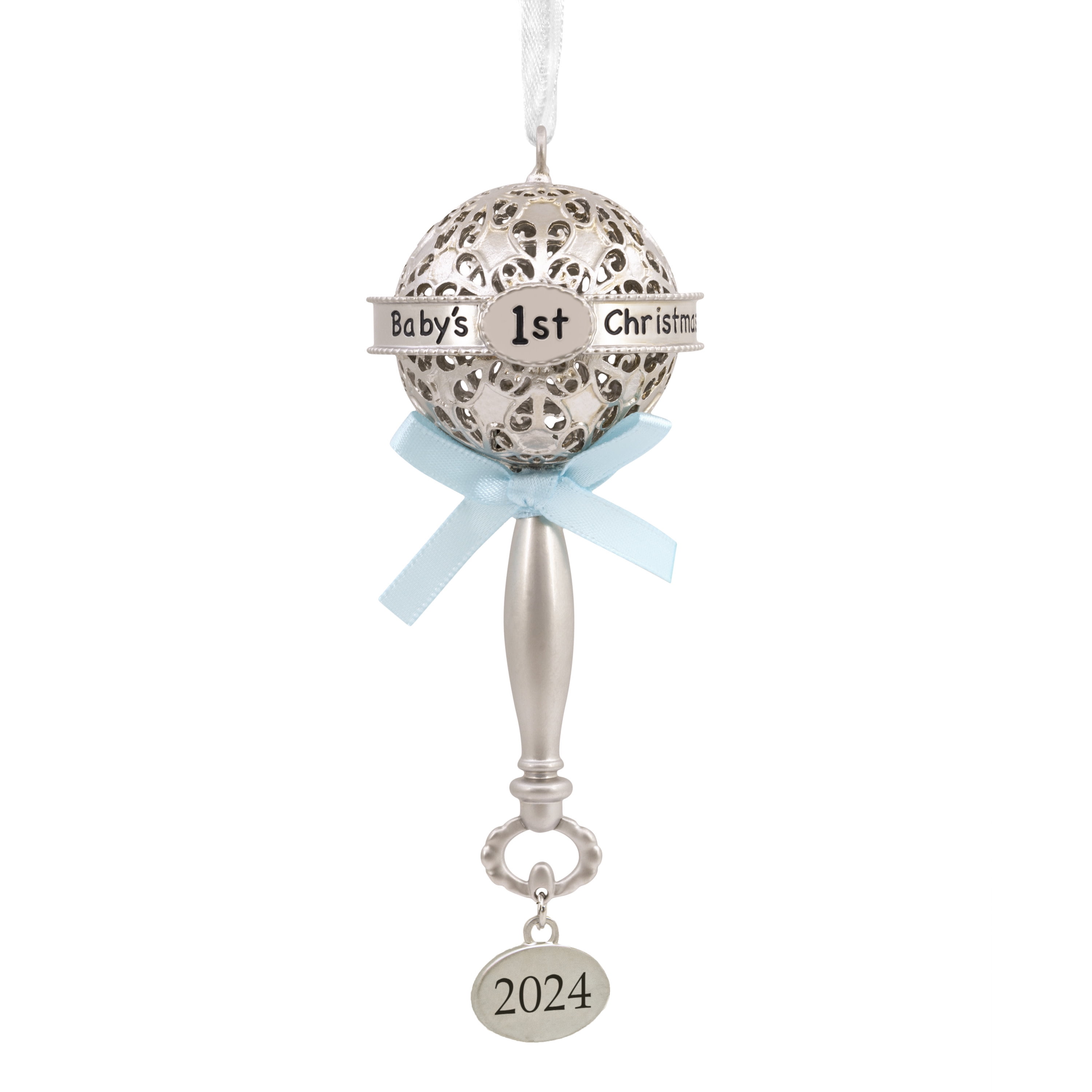Hallmark Baby's First Christmas Silver Baby Rattle With Blue Ribbon 2024 Christmas Ornament, Metal