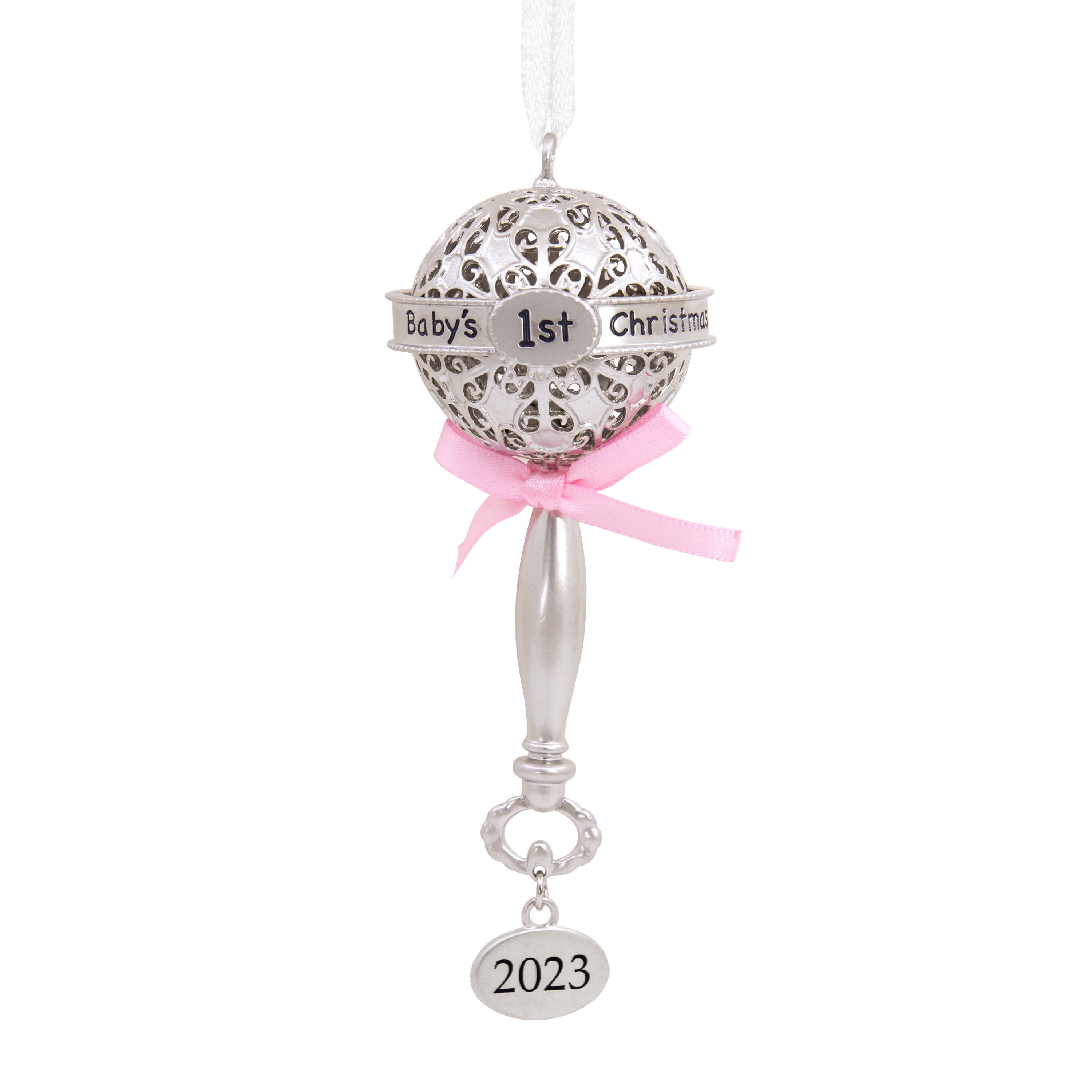 Hallmark Baby's First Christmas Silver Rattle with Pink Ribbon 2023