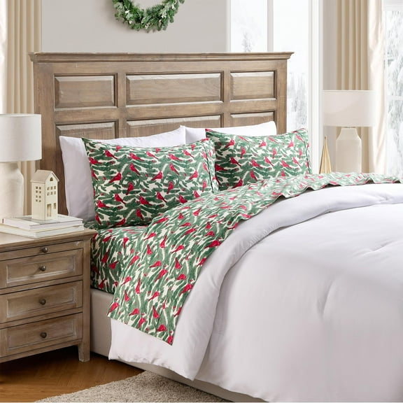 Hallmark Birdie 4-Piece Adult Multi Brushed Cotton Flannel Bed Sheet Set, Queen