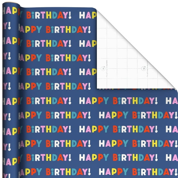 Hallmark Birthday Wrapping Paper Roll (Colorful Lettering on Navy) 20 Sq. ft.