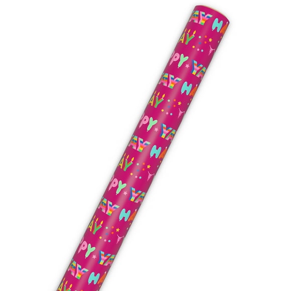 Hallmark Birthday Wrapping Paper Roll (Festive Lettering on Pink) 20 Sq. ft.