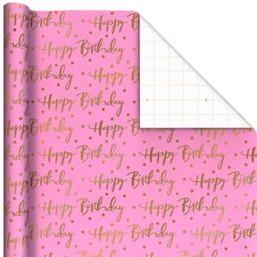 Hallmark Birthday Wrapping Paper Roll (Gold Lettering on Pink) 20 sq. ft.