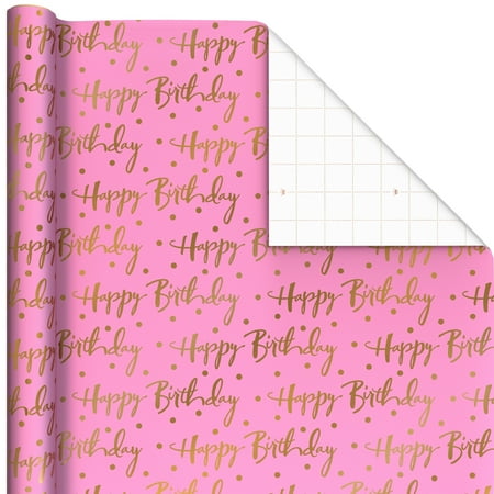 Hallmark Birthday Wrapping Paper Roll (Gold Lettering on Pink) 20 sq. ft.
