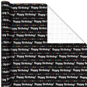Hallmark Birthday Wrapping Paper Roll (White Lettering and Colorful Dots on Black) 20 sq. ft.