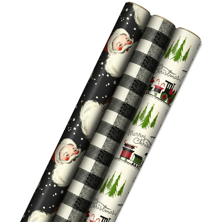 Hallmark Black Christmas Wrapping Paper with Cut Lines on Reverse (3 Rolls:  120 Sq. ft. Ttl) Retro Santa, Black and White Buffalo Plaid, Train and