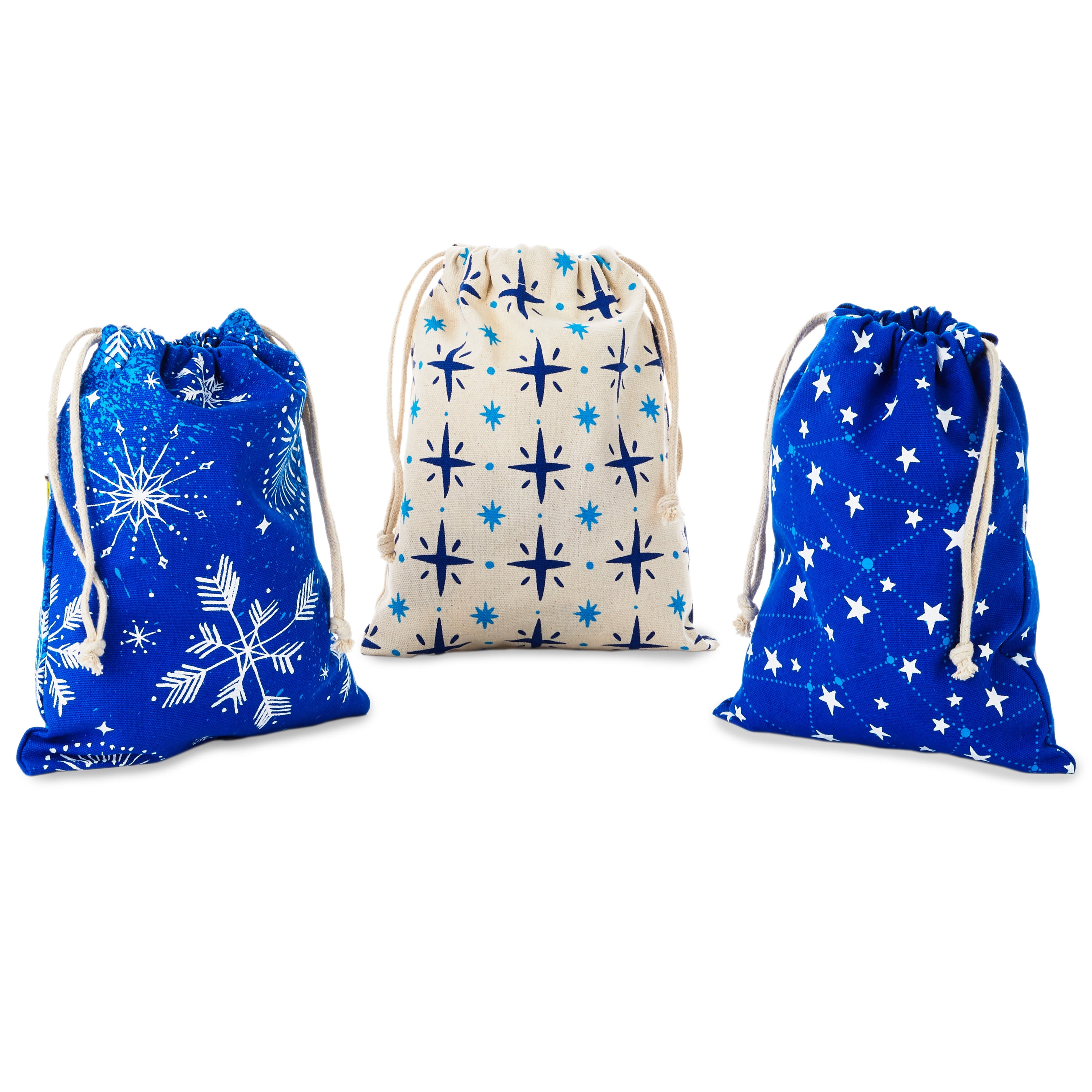 Hallmark Blue Drawstring Christmas Gift Bag Bundle (3 Fabric Gift Bags