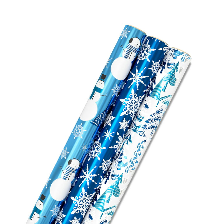 Hallmark Blue Foil Christmas Wrapping Paper with Cut Lines on Reverse (3  Rolls: 60 sq. ft. ttl) Snowmen, Snowflakes, Christmas Trees