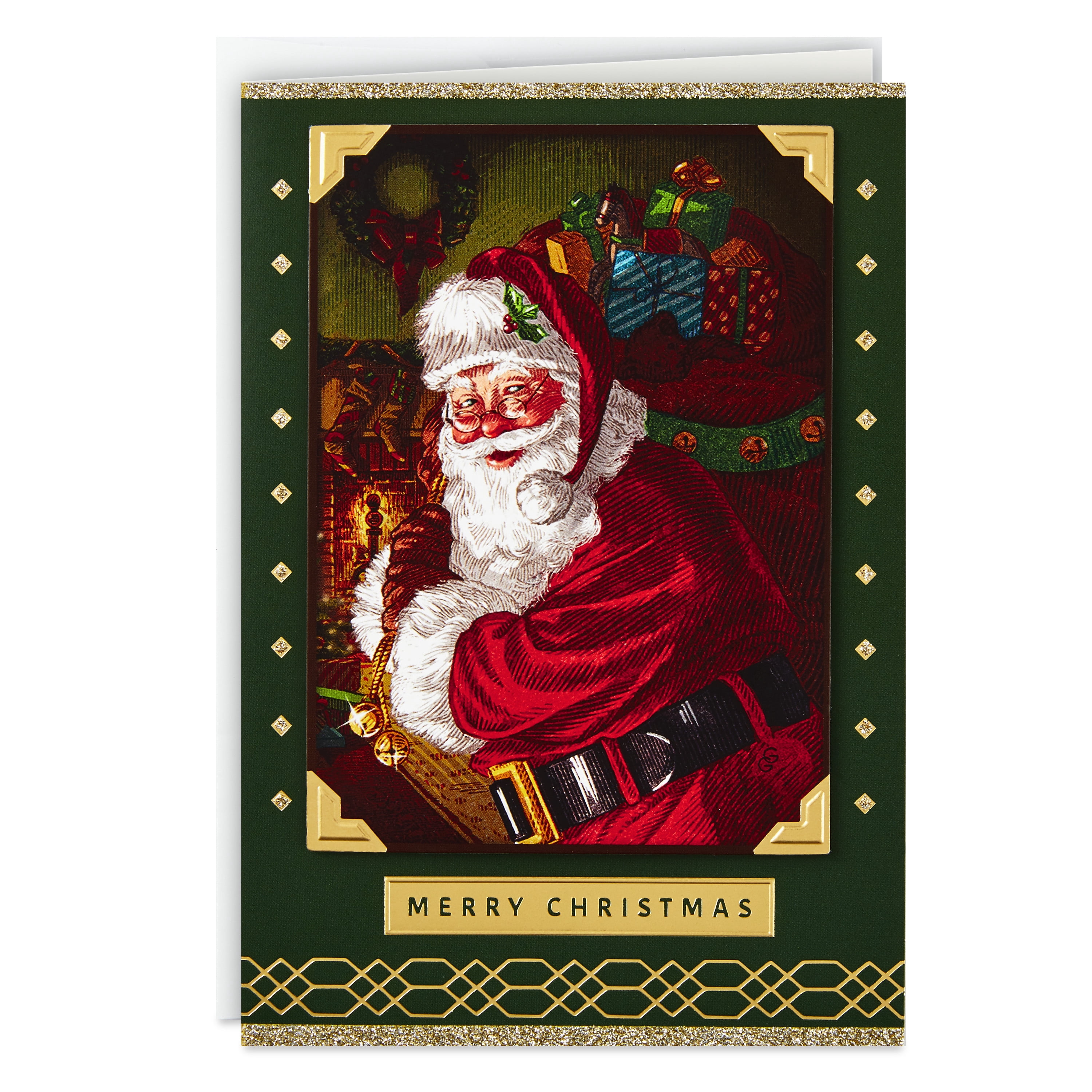 Hallmark Boxed Christmas Cards, Green and Gold Santa Claus (12 Cards and 13 Envelopes)