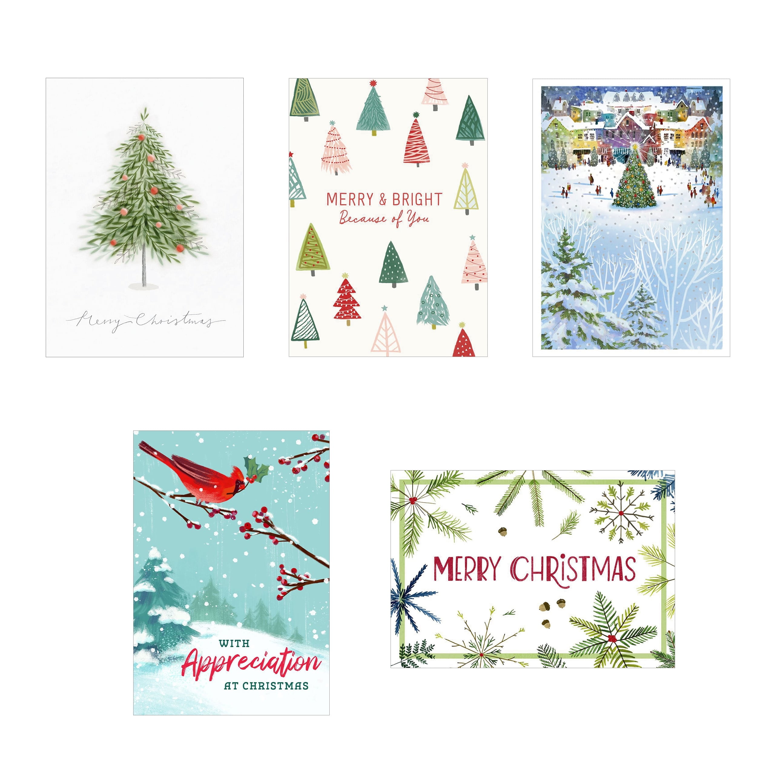 Hallmark Business Bulk Assorted Merry Christmas Cards (Merry & Bright Colorful Trees), 100 Pack