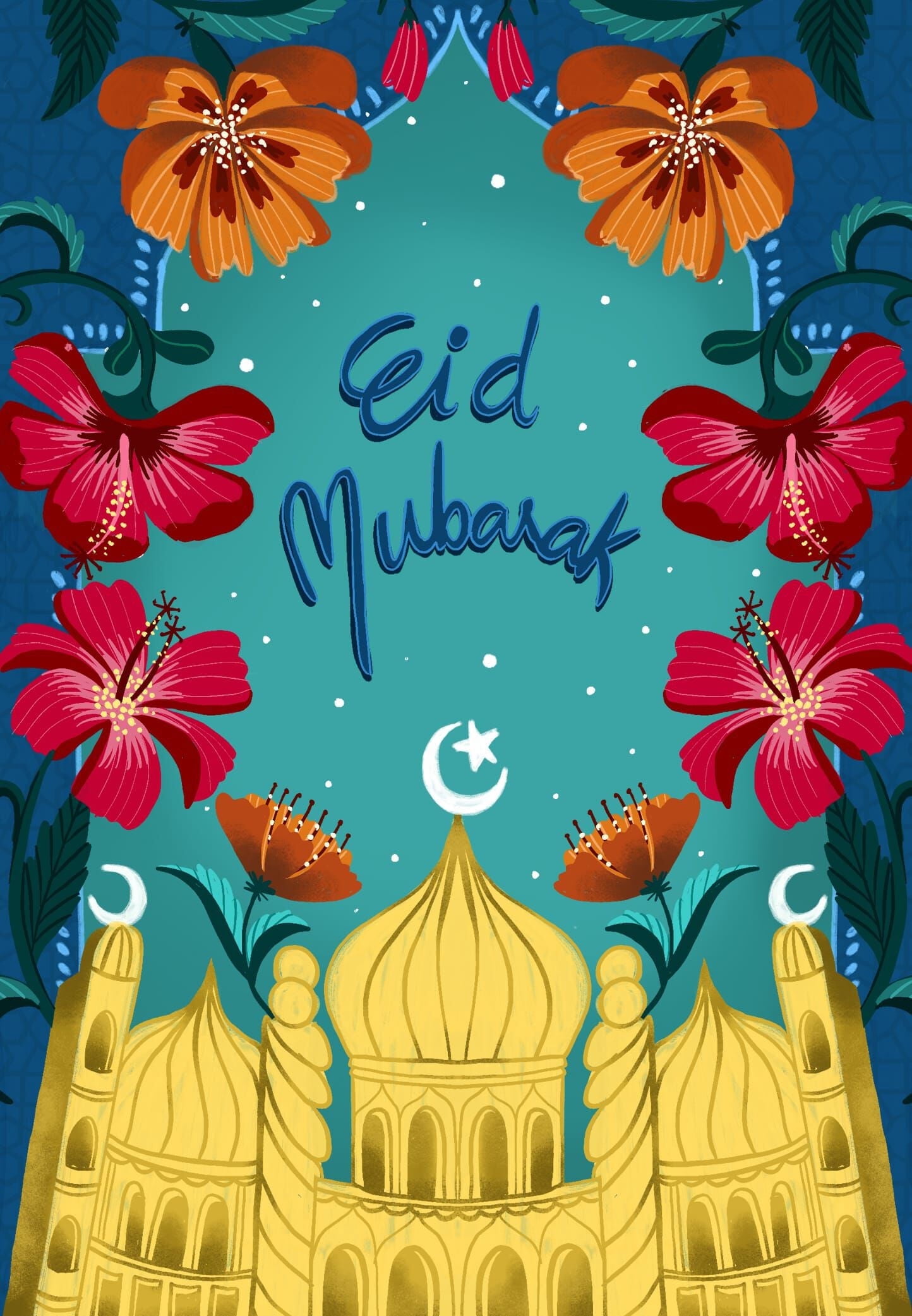 Hallmark Business Bulk Eid Mubarak Appreciation Cards (Bright Flowers & Gold), 25 Pack