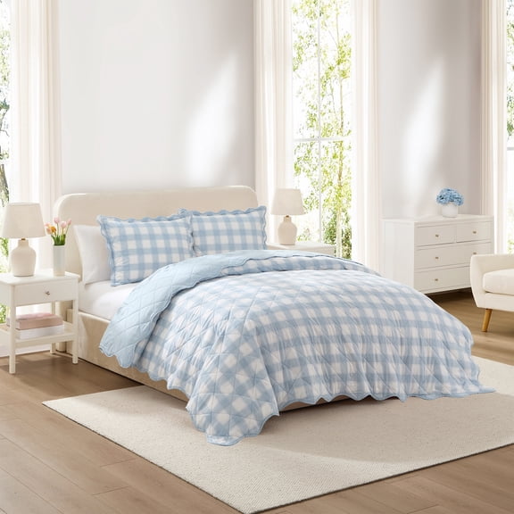 Hallmark Checkered Bliss 3-Piece Blue Scalloped Adult Quilt Set, King