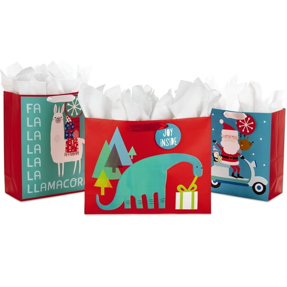 Hallmark Christmas Gift Bag Bundle, Quirky Kids, Llamacorn, Dinosaur, Santa Scooter (Pack of 3: 1 Large, 2 Extra Large)