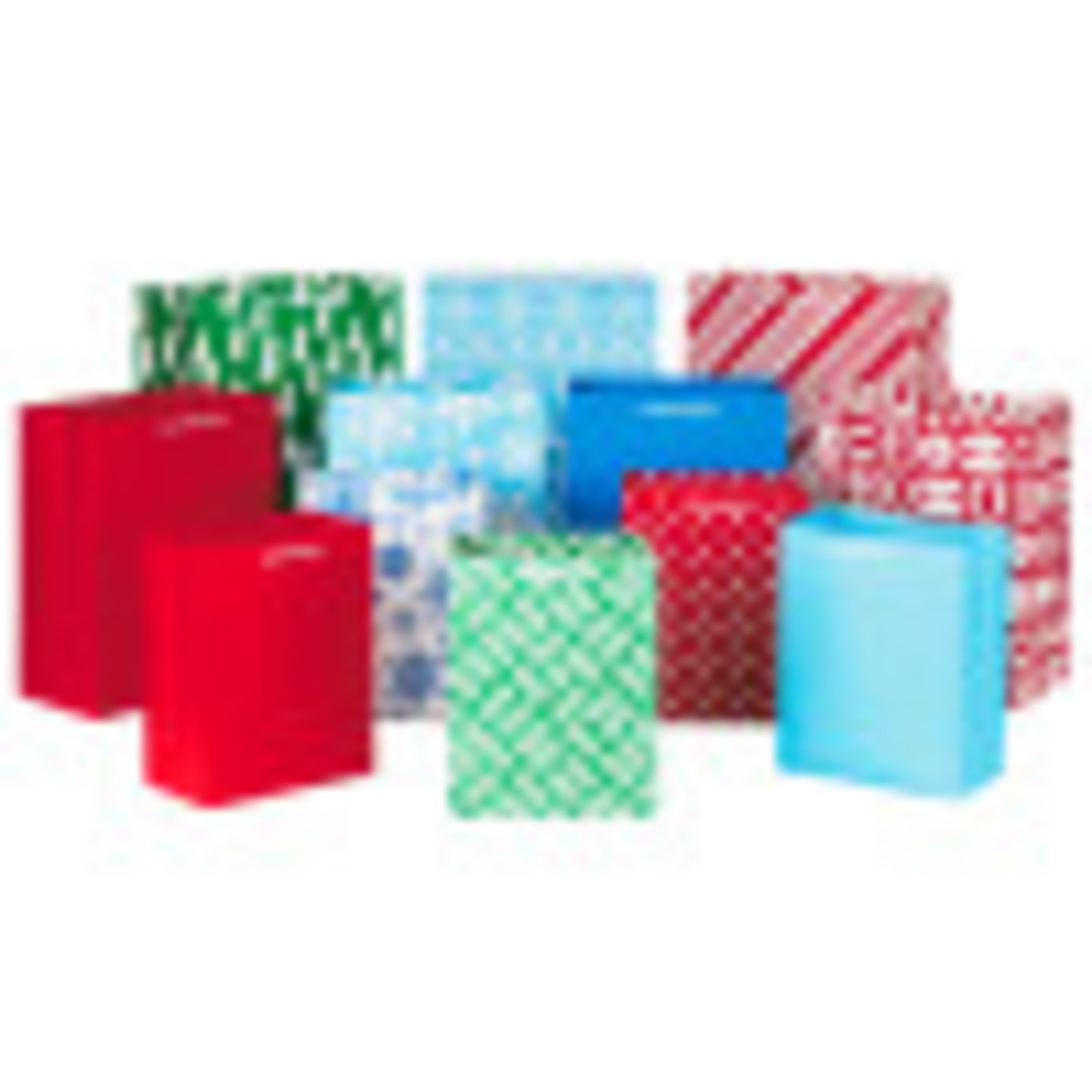 Hallmark Christmas Gift Bags Assorted Sizes (12 Bags: 5 Medium 8", 4 Large 11", 3 Extra Large 14") Red, Blue, Green, Solids, Snowflakes, Stripes
