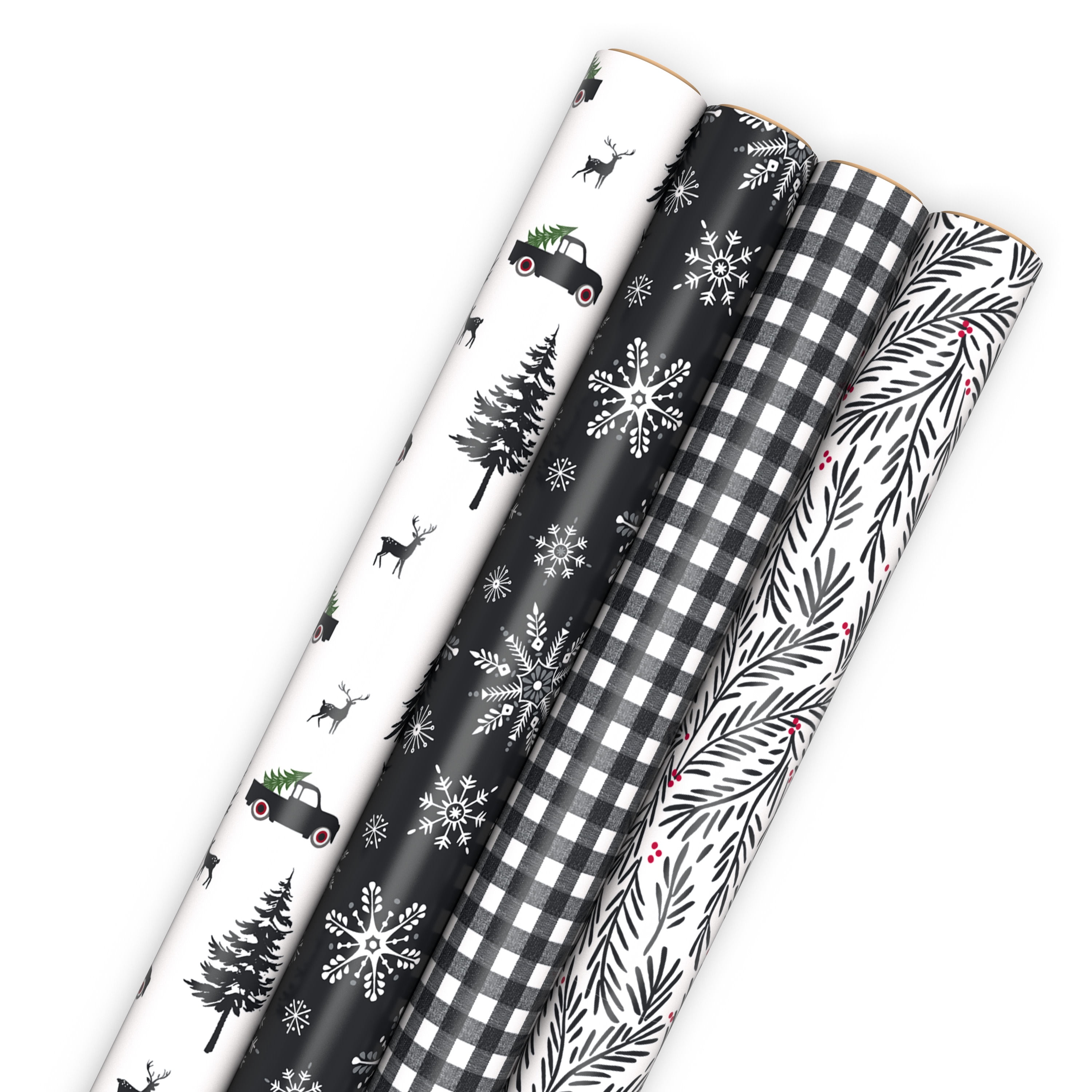 Hallmark Christmas Wrapping Paper Rolls with Cutlines on Reverse (4 Rolls: 120 Sq. ft. Total) Minimalist Trees, Black and White Buffalo Plaid, Snowflakes