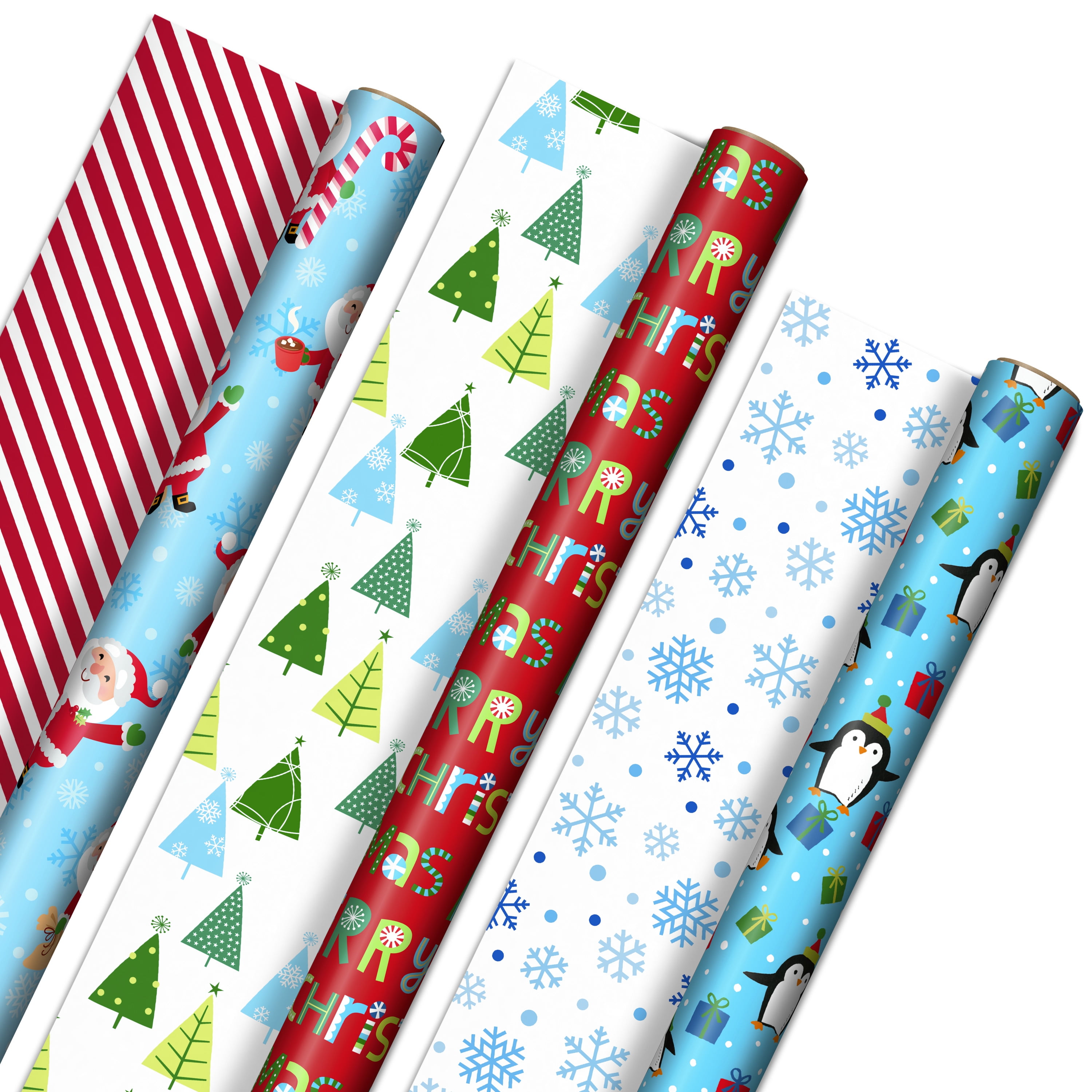 Hallmark Cute Reversible Christmas Wrapping Paper for Kids (3 Rolls: 120  sq. ft. ttl) Penguins, Santa, Trees, Stripes, Snowflakes, Merry Christmas