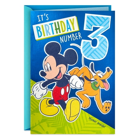 Hallmark Disney Third Birthday Card for Kid With Sticker (Mickey Mouse and Pluto)
