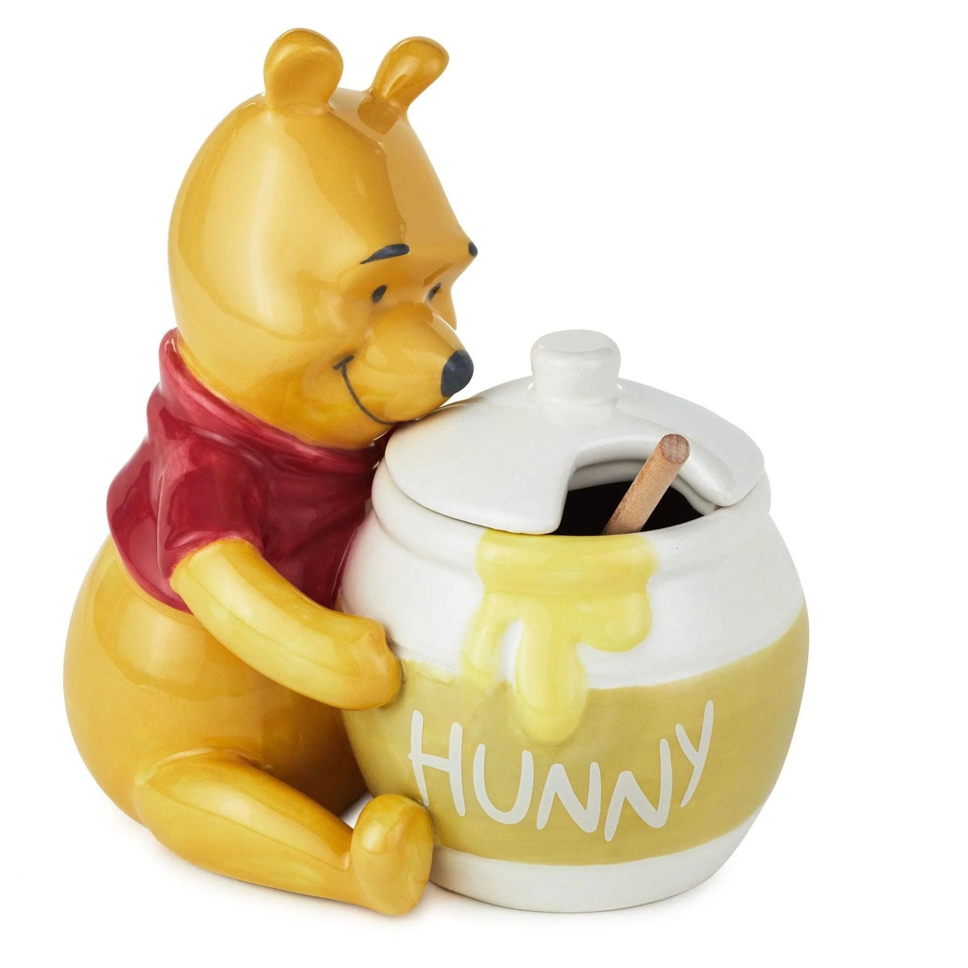 Yellow Ceramic Winnie the Pooh Hunny Pot with Lid and Stirrer