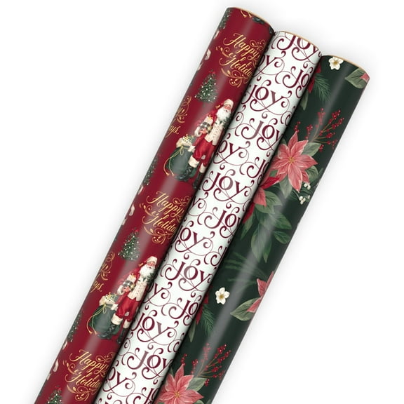 Hallmark Elegant Christmas Wrapping Paper Rolls (3 Rolls: 120 Sq. Ft. Total) Red "Joy" on White, Santa Claus and "Happy Holidays" on Red, Painted Poinsettia on Hunter Green