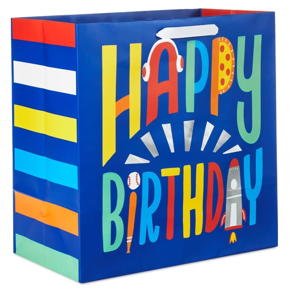 Hallmark Extra-Deep Birthday Blue Gift Bag (Pizza, Rocket and Baseball Lettering), 1 count