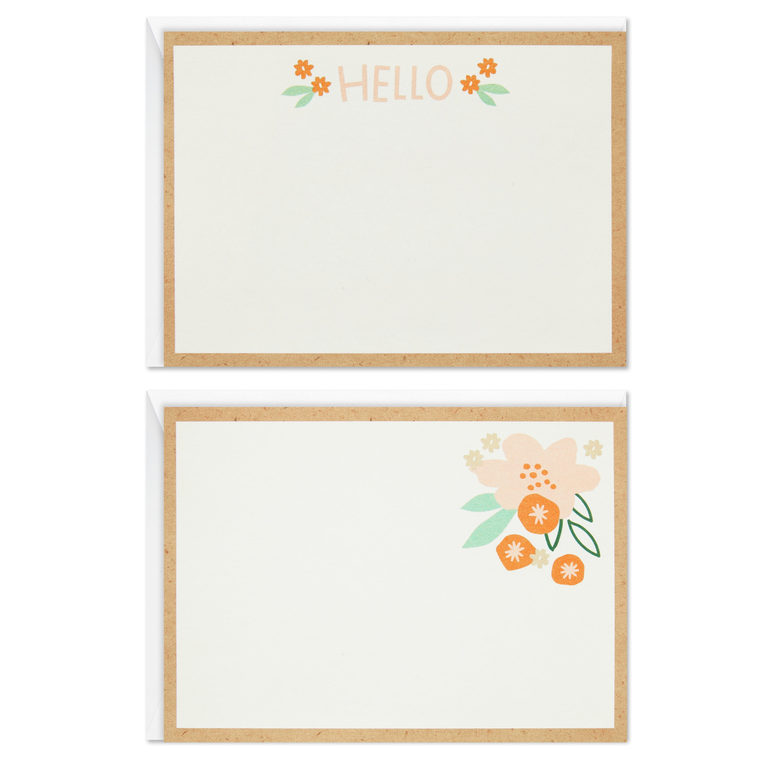Hallmark Flat White 5.5" W x 4" H Note Cards in Caddy, Hello and Floral on Kraft, 40 Ct.