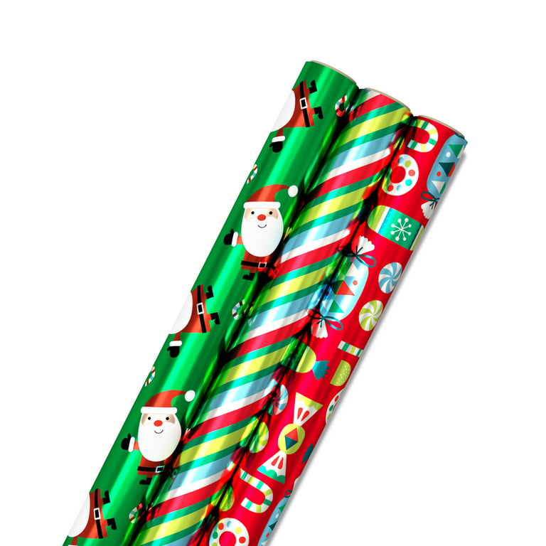 Hallmark Foil Holiday Wrapping Paper with Cut Lines on Reverse (3 Rolls: 60  sq. ft. ttl) Solid Red, Green, Gold 