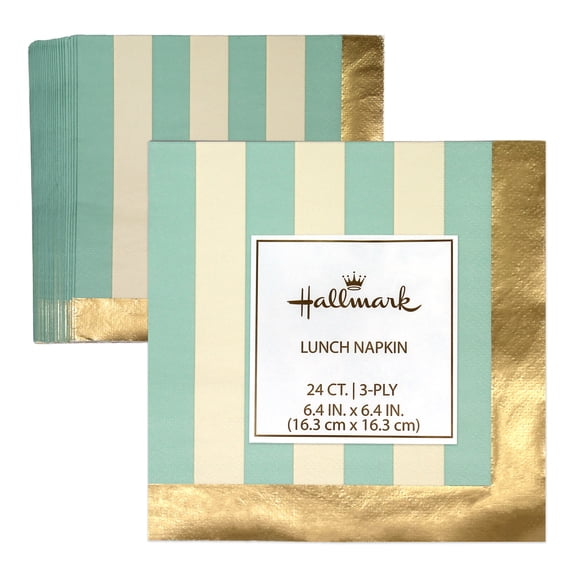 Hallmark 24-Count Green Stripe Napkin with Gold Border, 6.4 x 6.4 Inches