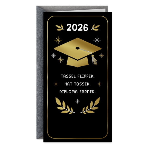 Hallmark Money Holder 2026 Graduation Card (Black and Gold Mortarboard Cap)
