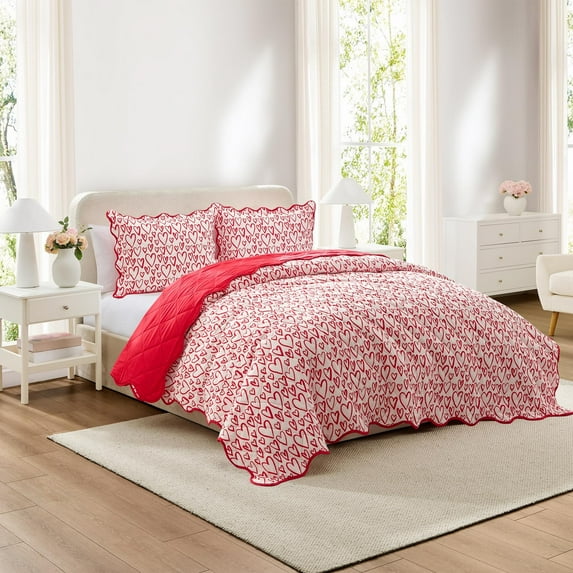 Hallmark Heart Strings 3-Piece Red/Multicolor Adult Quilt Set, Full/Queen