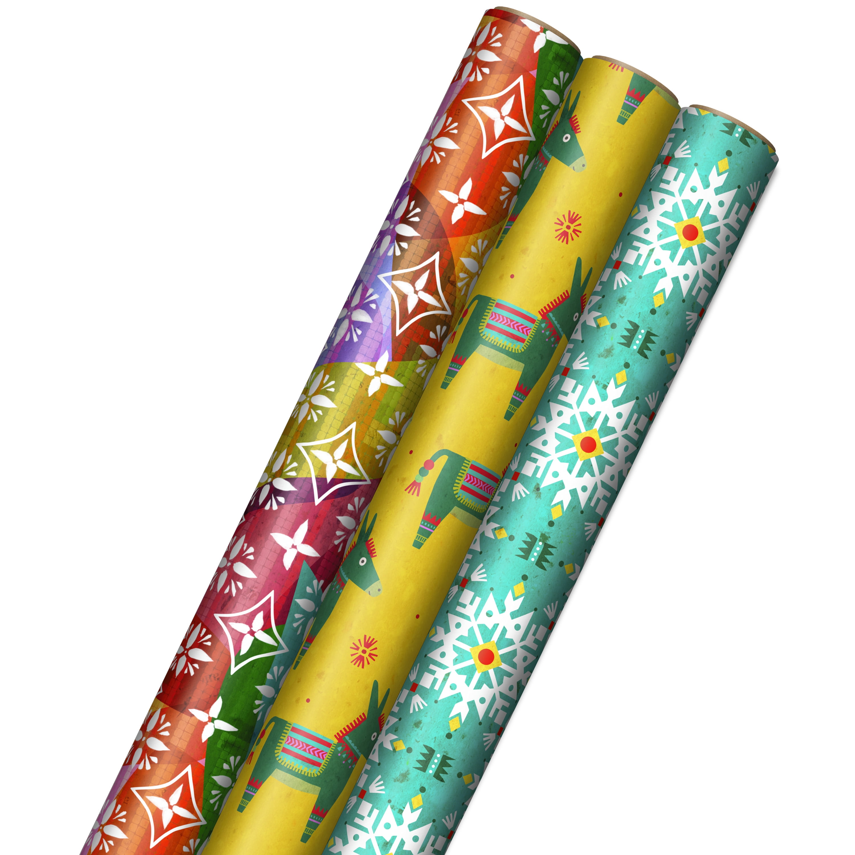 Hallmark Holiday Wrapping Paper with Cut Lines on Reverse (3 Rolls: 120 Sq.  ft. Total) Teal, Yellow, Pink, Orange Patchwork and Donkeys 