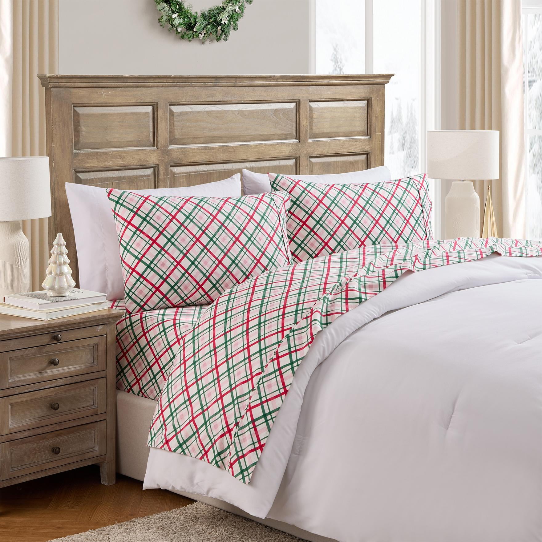 Hallmark Joy to the World Plaid 4-Piece Adult Multi Brushed Cotton Flannel Bed Sheet Set, Queen
