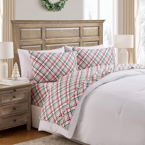 Hallmark Joy to the World Plaid 4-Piece Adult Multi Brushed Cotton Flannel Bed Sheet Set, Queen