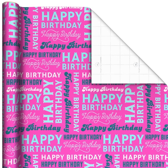 Hallmark Jumbo Birthday Wrapping Paper Roll (White and Turquoise Lettering on Hot Pink) 35 Sq. ft.