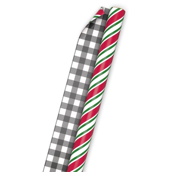 Hallmark Jumbo Holiday Reversible Wrapping Paper Roll(Peppermint Stripes & Buffalo Check),60 Sq. ft.