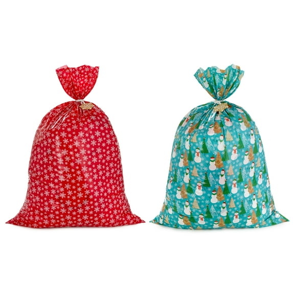 Hallmark Jumbo Plastic Holiday Gift Bags (2 Bags: Snowflakes on Red, Rustic Snowmen) for Carry-on Luggage, Giant Stuffed Animals, Bedding Sets