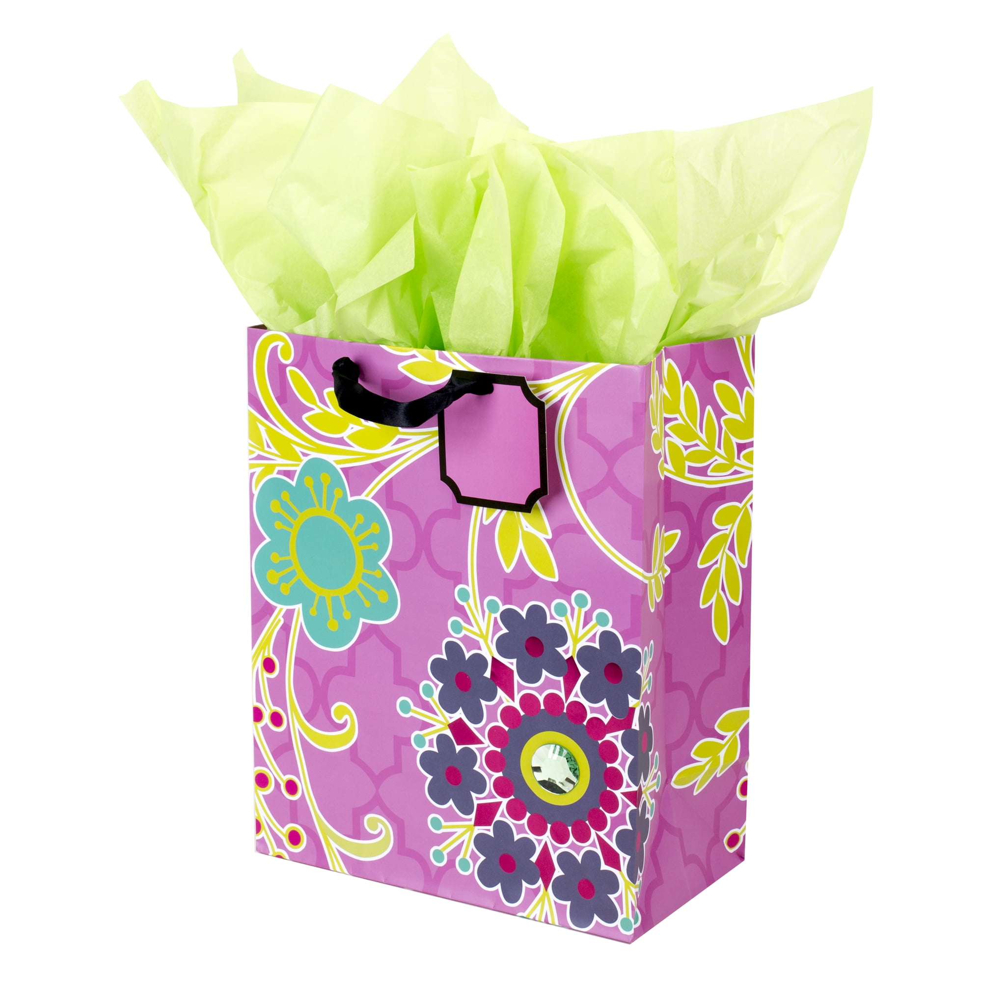 Hallmark Large Gift Bag with Tissue Paper for Birthdays, Baby Showers and  More (Purple and Green Flower with Gem)