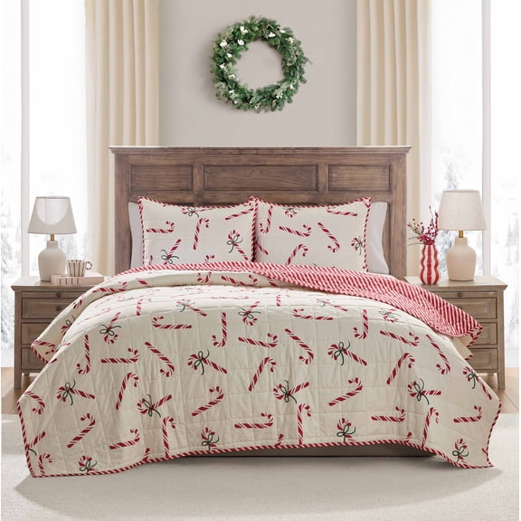 Hallmark Multi Candy Canes 3-Piece Adult Holiday Quilt Set, Full/Queen