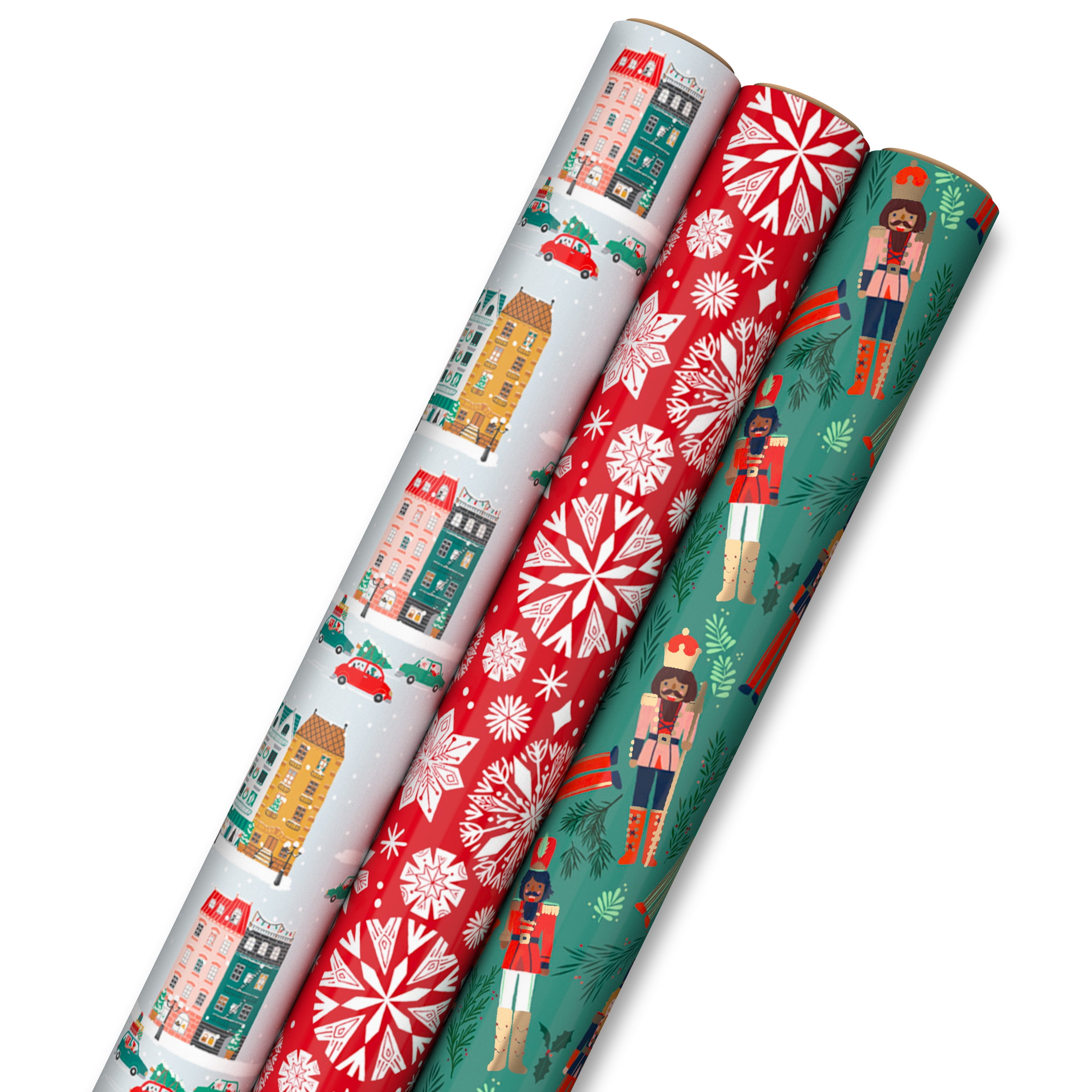 Hallmark Recyclable Neutral Christmas Wrapping Paper (4 Rolls: 100 Sq. Ft.  Ttl) White and Sage Green Evergreen Pinecones, Rustic Snowmen, Plaid
