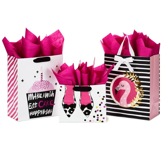 Hallmark All Occasion Gift Bags Assortment with Tissue Paper - Pink and Black Cupcake, Shoes, Flamingo (Pack of 3: 2 Large 13" and 1 Medium 7" Gift Bags for Birthdays, Baby Showers, Bridal Showers)