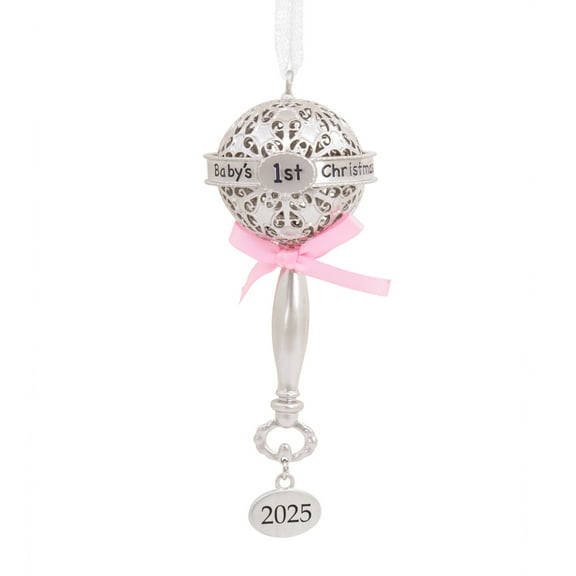 Hallmark Ornament Metal Figural Premium Baby's First Rattle Pink Dated