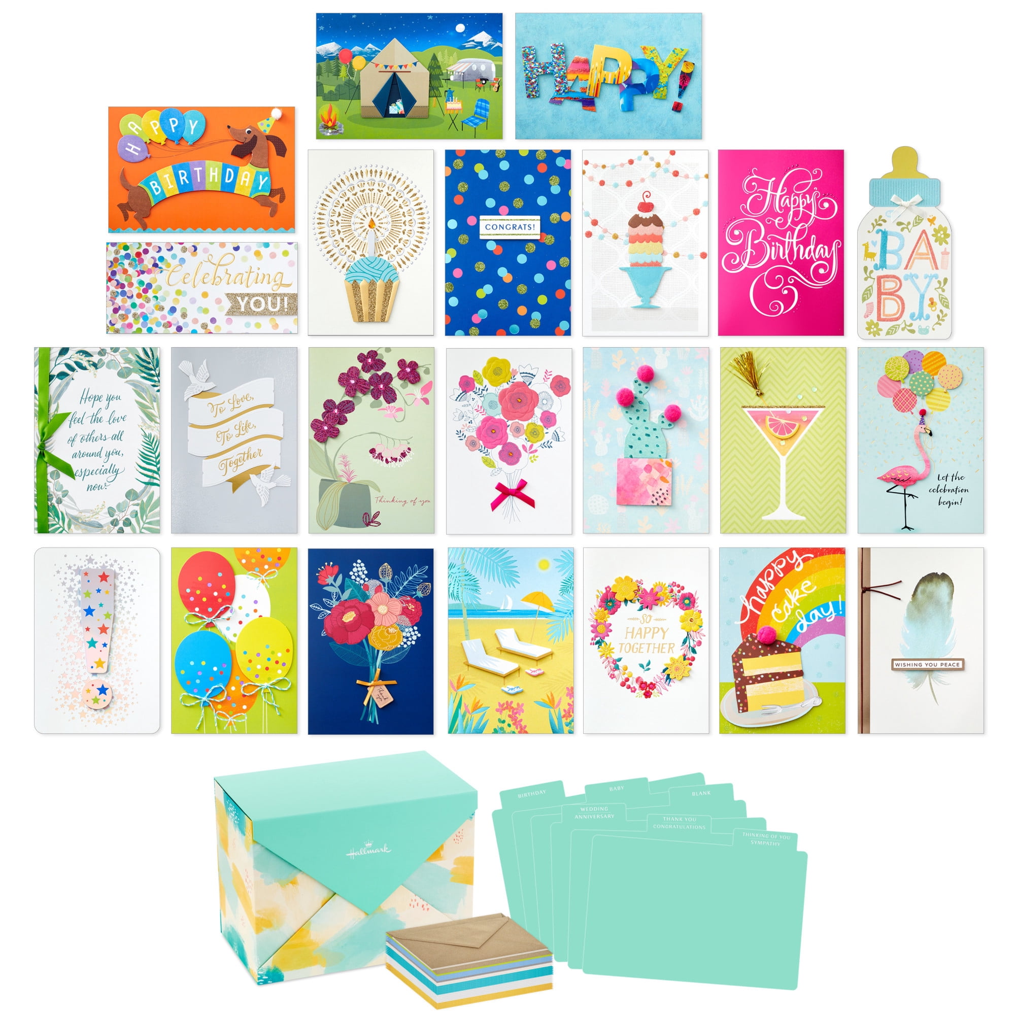 Hallmark Assorted Boxed Handmade Greeting Cards (Watercolor)—Birthday, Baby Shower, Wedding, Sympathy, Thinking of You, Thank You, Pack of 24 With Storage Box