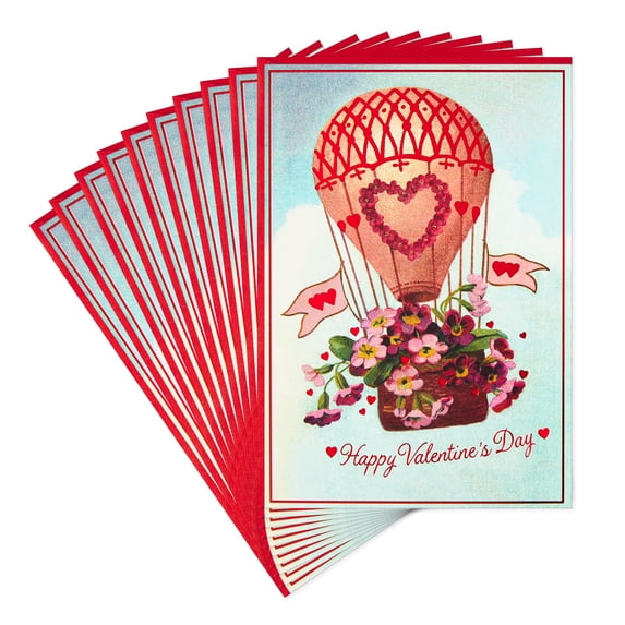 Hallmark Pack of Valentines Day Cards, Vintage Hot Air Balloon (10 Valentine's Day Cards with Envelopes)