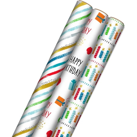 Hallmark Recycled Multi-color Birthday Gift Wrap Paper, with Cutlines on Reverse (3 Count) 60 sq ft.