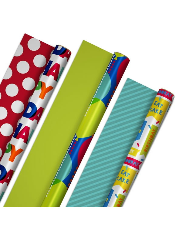 Hallmark Reversible Birthday Wrapping Paper Bundle, Bright Colors, 3 Rolls