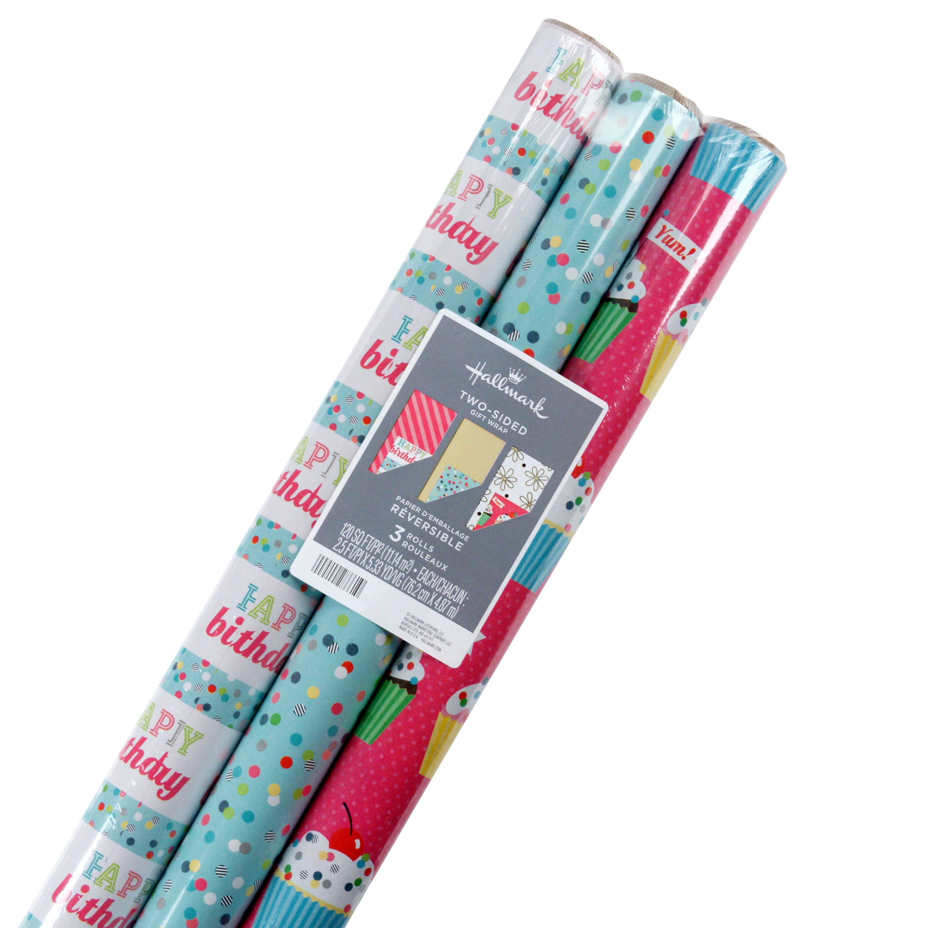  Hallmark Reversible Kids Birthday Wrapping Paper (3 Rolls: 120  sq. ft. ttl.) Monsters and Unicorns, Polka Dots, Chevron, Pink, Teal, Blue,  Red, Orange, Lime Green : Health & Household