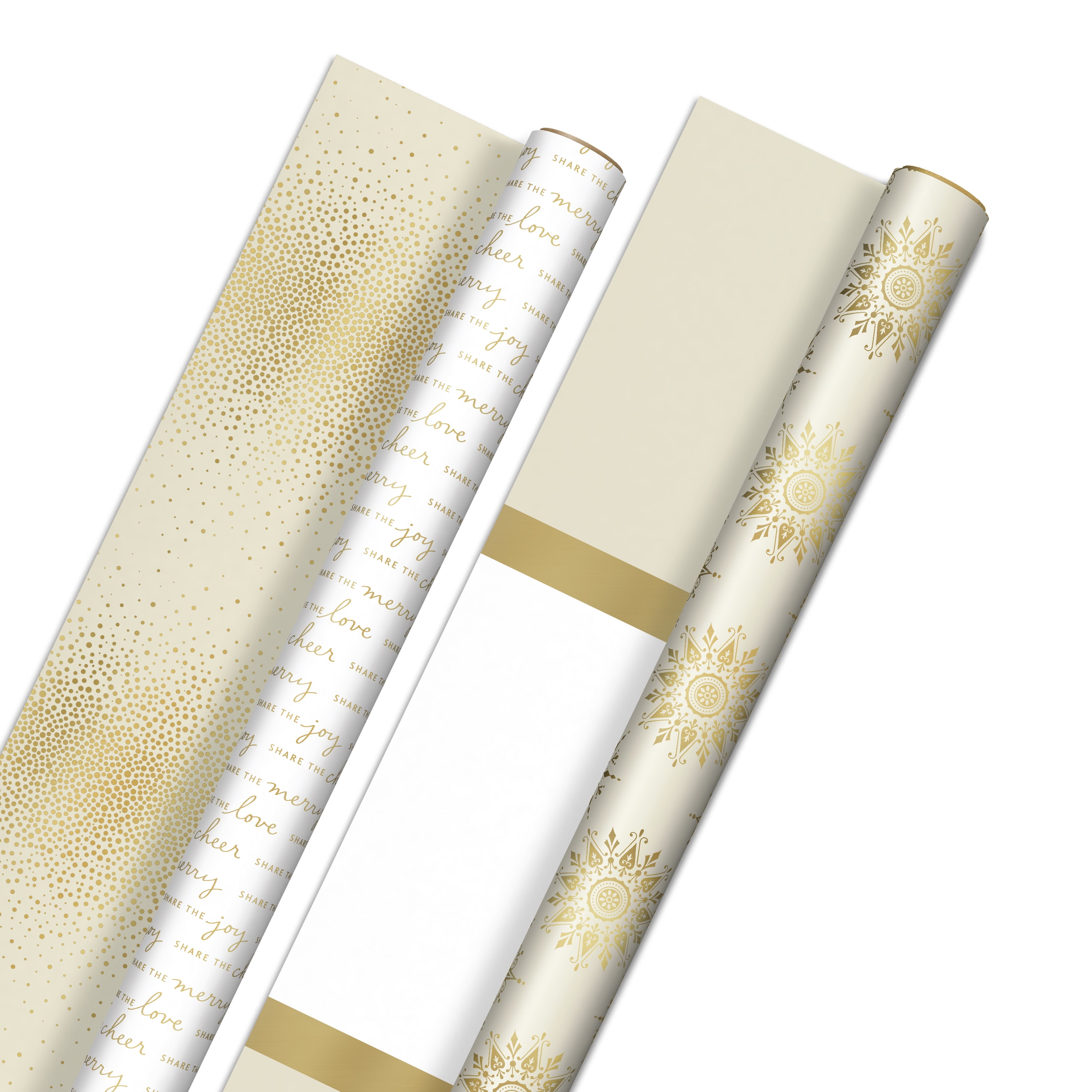 Hallmark Reversible White and Gold Wrapping Paper - Bulk (2 Jumbo Rolls:  160 sq. ft. ttl) Share the Joy, Cheer, Merry, Love, Stripes, Dots
